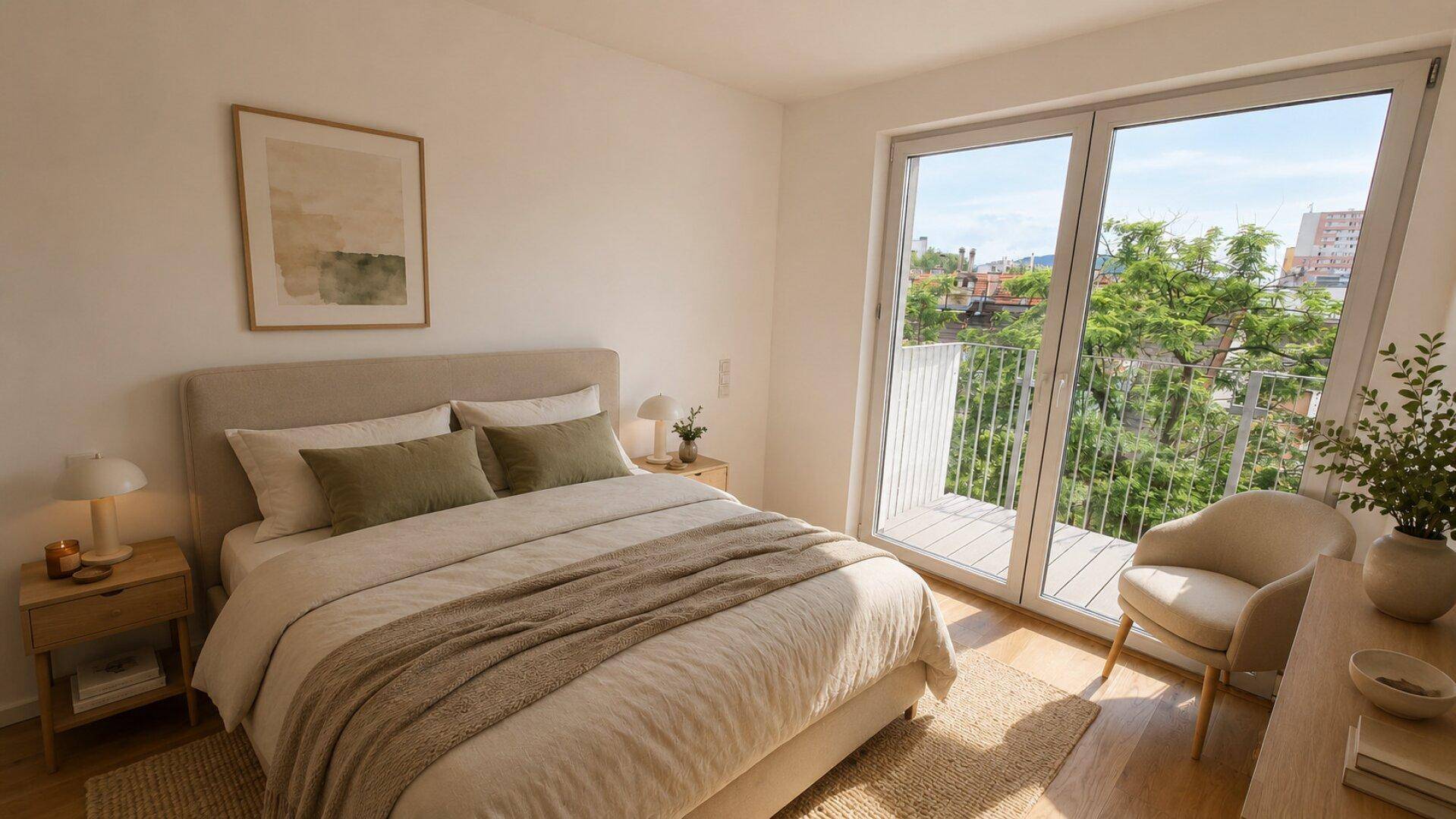 Gemütliches Schlafzimmer mit Doppelbett, Holzboden und großem Fenster mit Blick ins Grüne.
