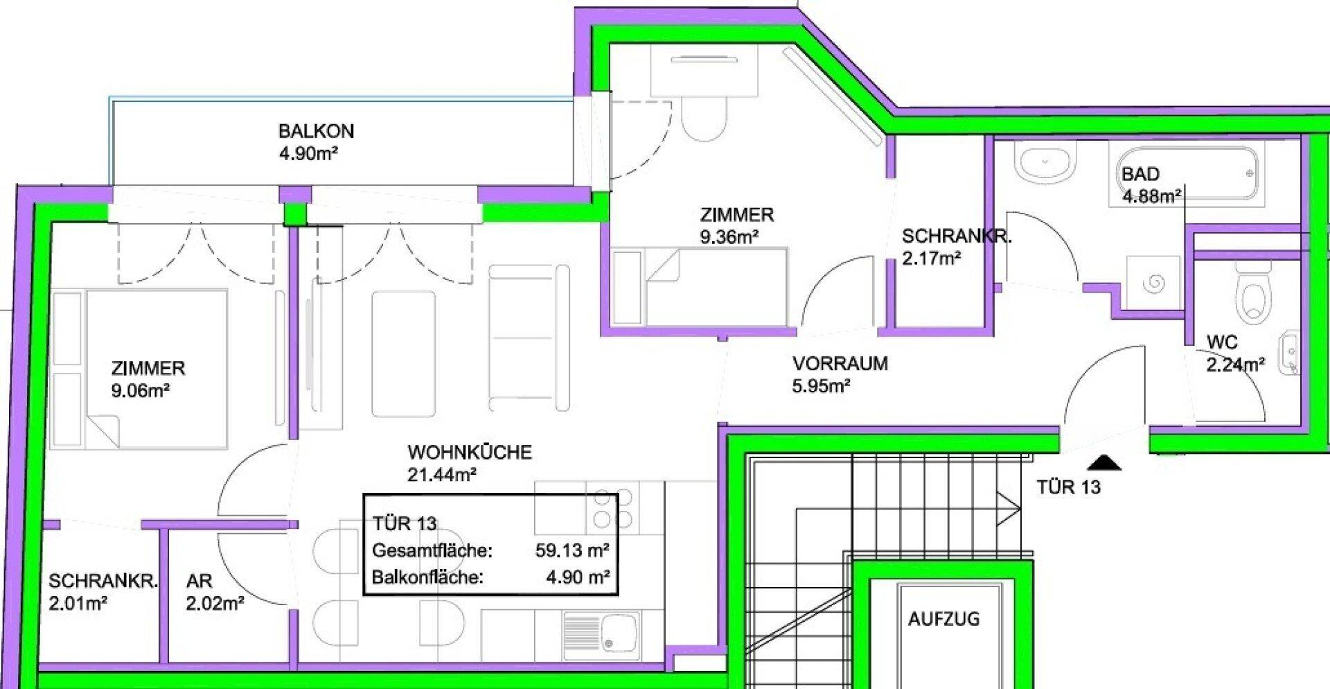 Klarer Grundriss einer Wohnung mit Wohnküche, zwei Schlafzimmern, Bad, WC und Balkon.