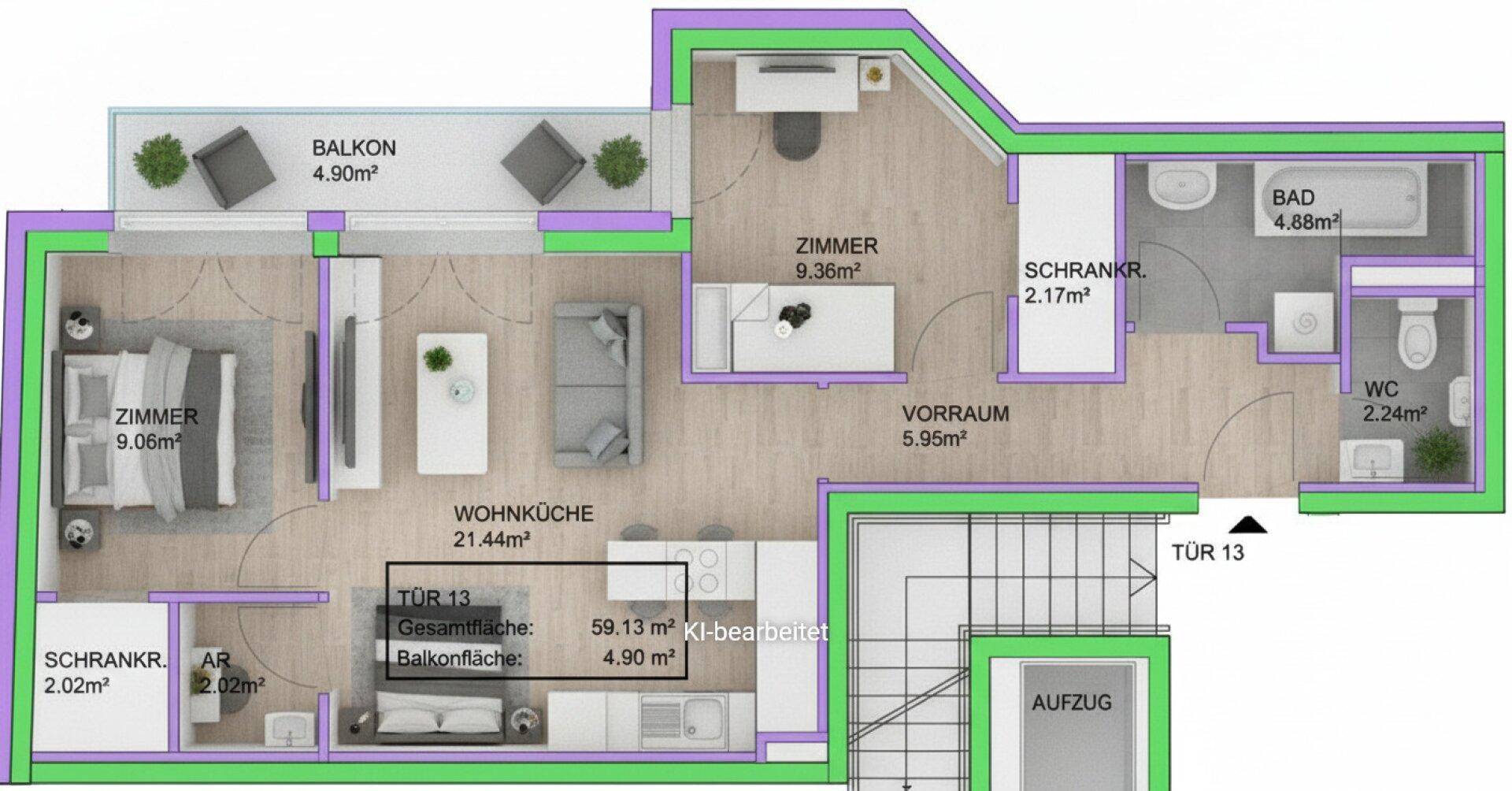 Detaillierter Grundriss einer Wohnung mit Wohnküche, zwei Zimmern, Bad, WC und Balkon.