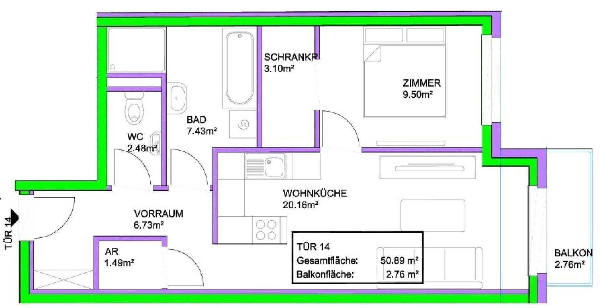 Übersichtlicher Grundriss einer Wohnung mit klar definierten Wohnbereichen und Balkonzugang.