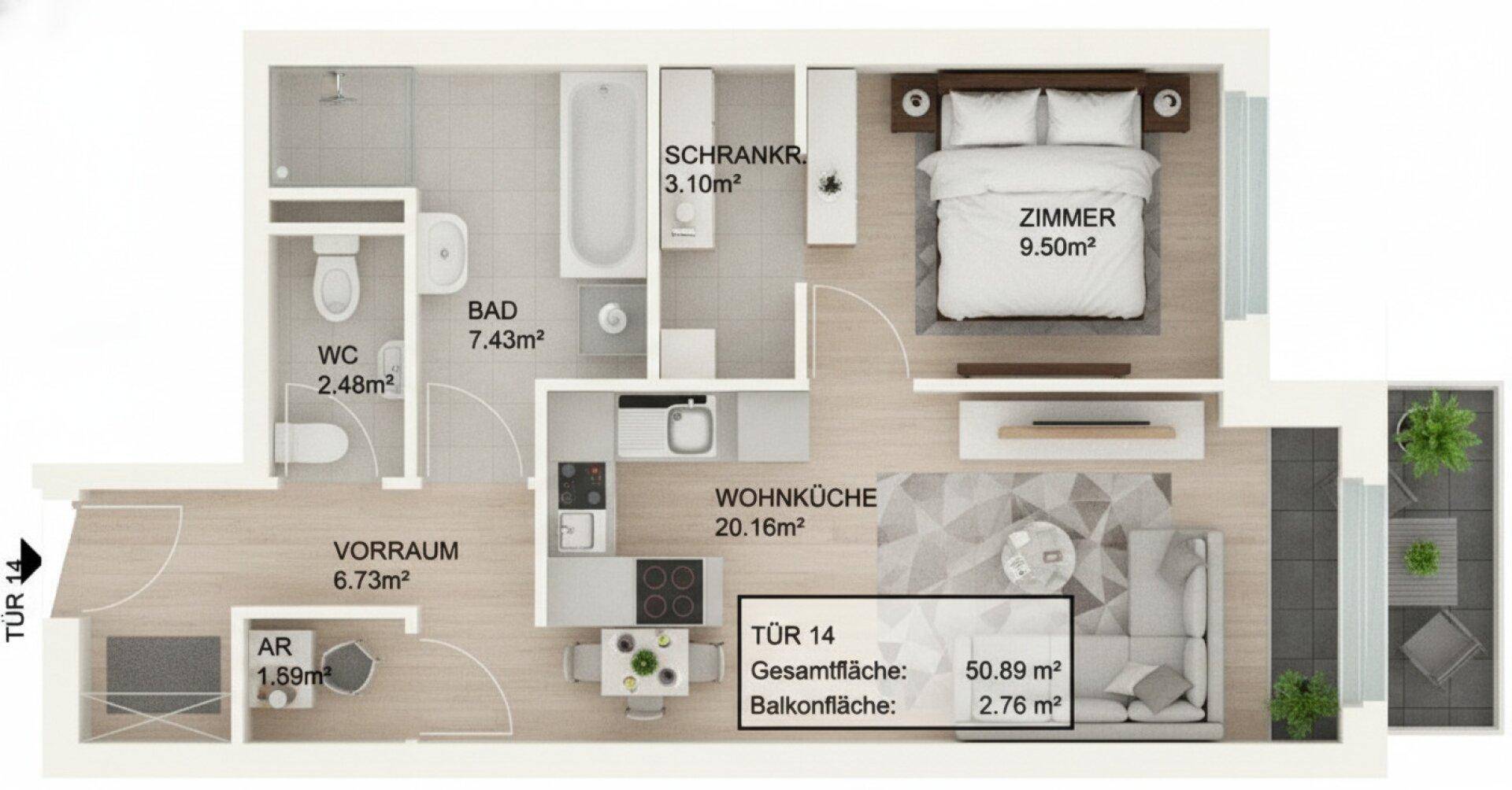Detaillierter Grundriss einer Wohnung mit offener Wohnküche, Schlafzimmer und Balkon.