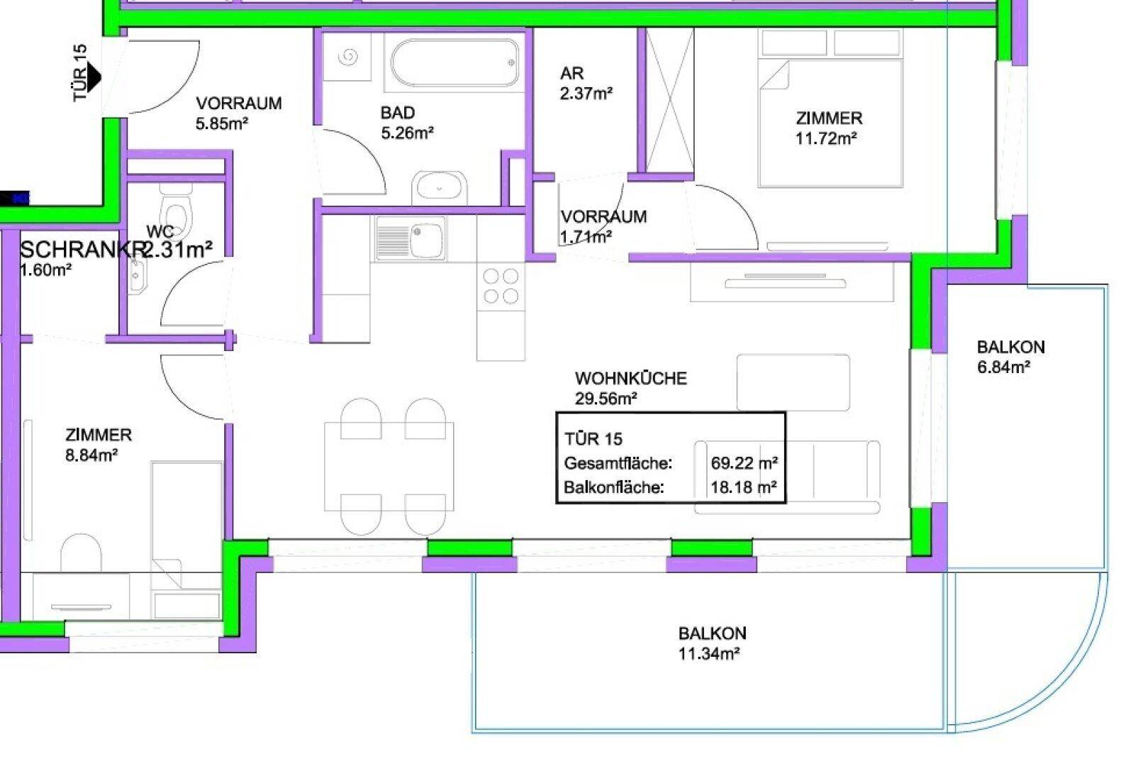 Technischer Grundriss einer Wohnung mit zwei Balkonen und funktionaler Raumaufteilung.