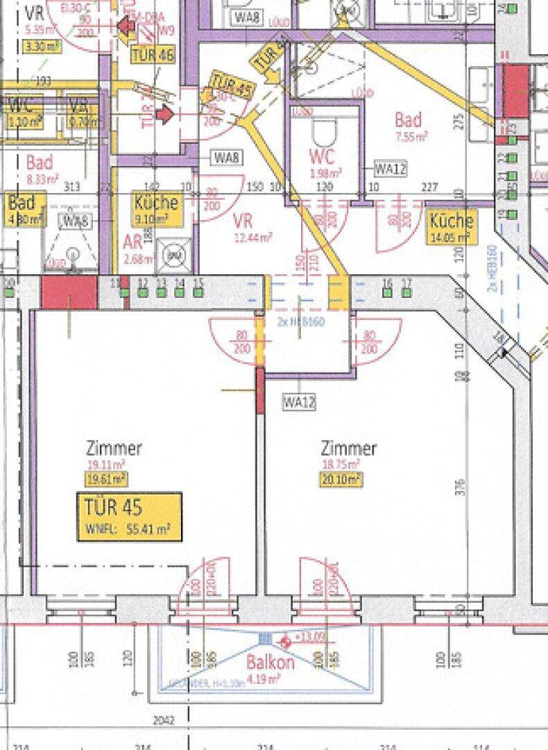 Detaillierter Grundriss einer Wohnung mit mehreren Zimmern, Küche, Bad und Balkon.