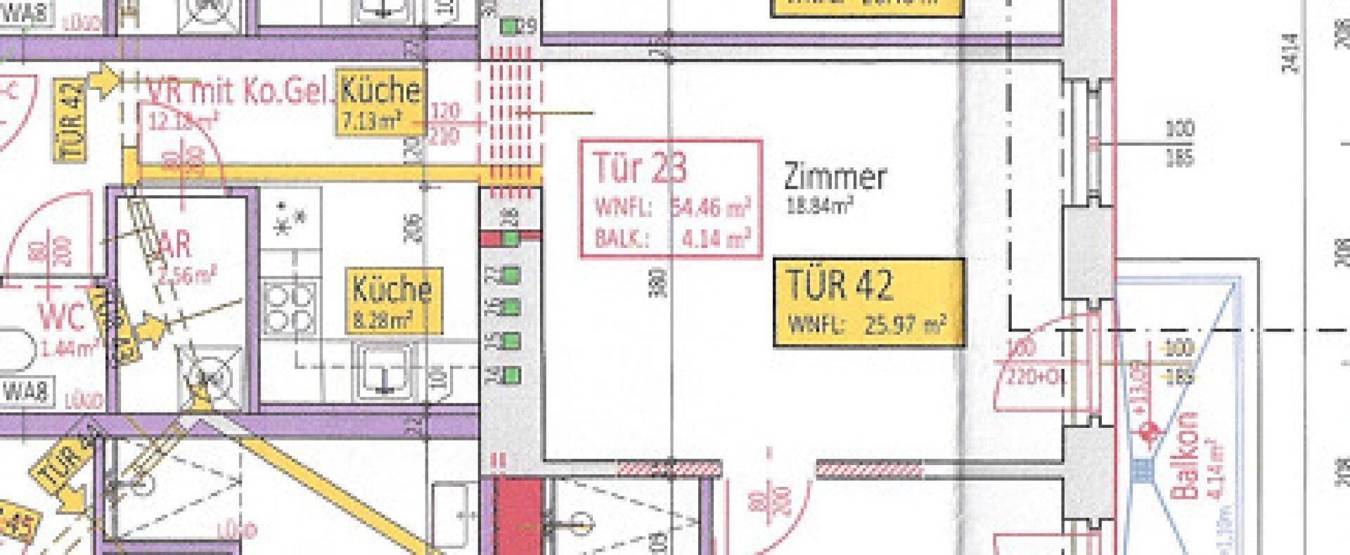 Detaillierter Grundriss einer Wohnung mit Küche, WC, Zimmern und einem Balkon.