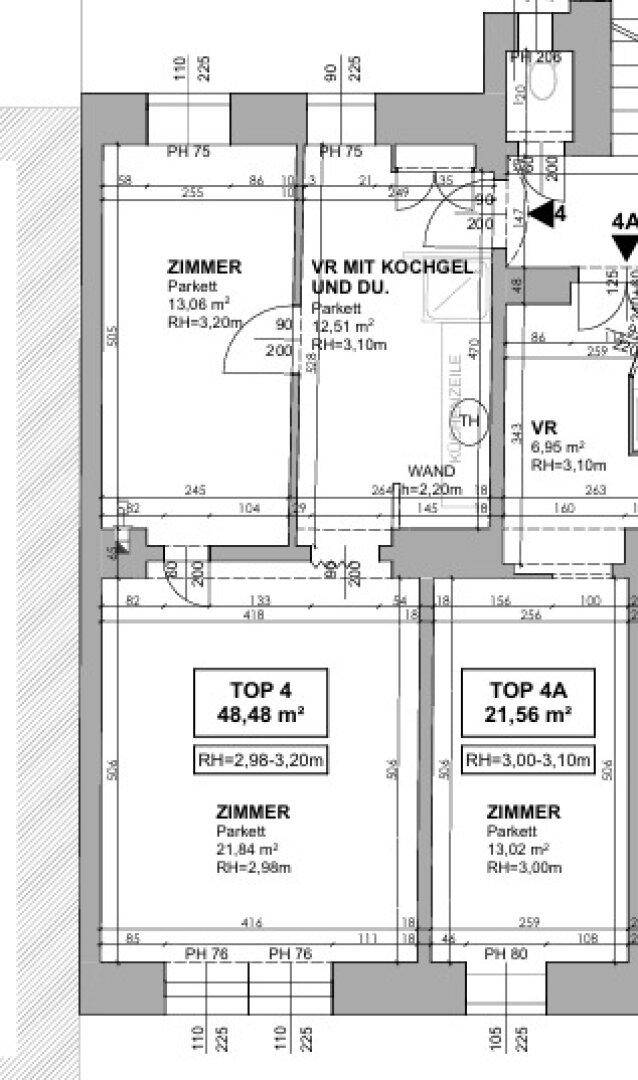 Detaillierter Grundriss mit Raumaufteilung und Flächenangaben für mehrere Einheiten.