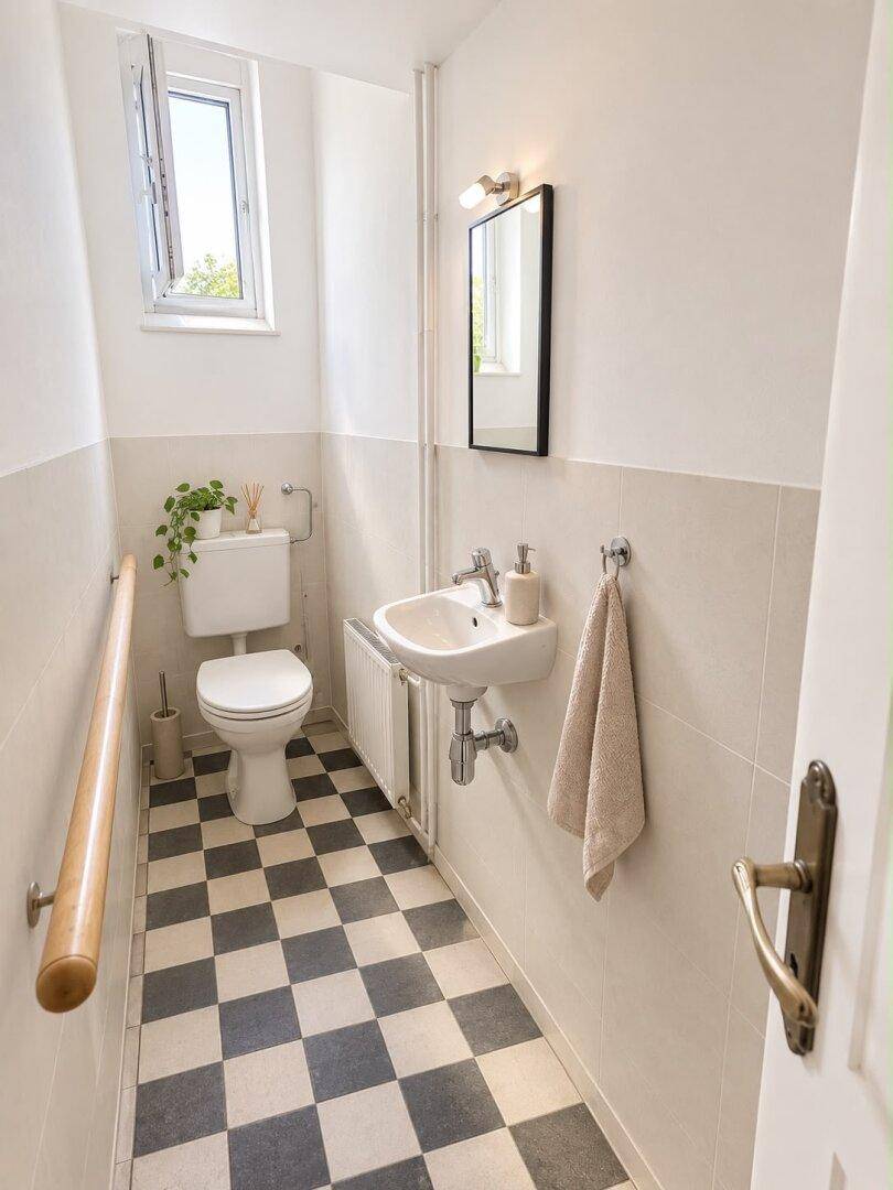 Kleines Gäste-WC mit Fenster, Handlauf und schwarz-weiß kariertem Fliesenboden.