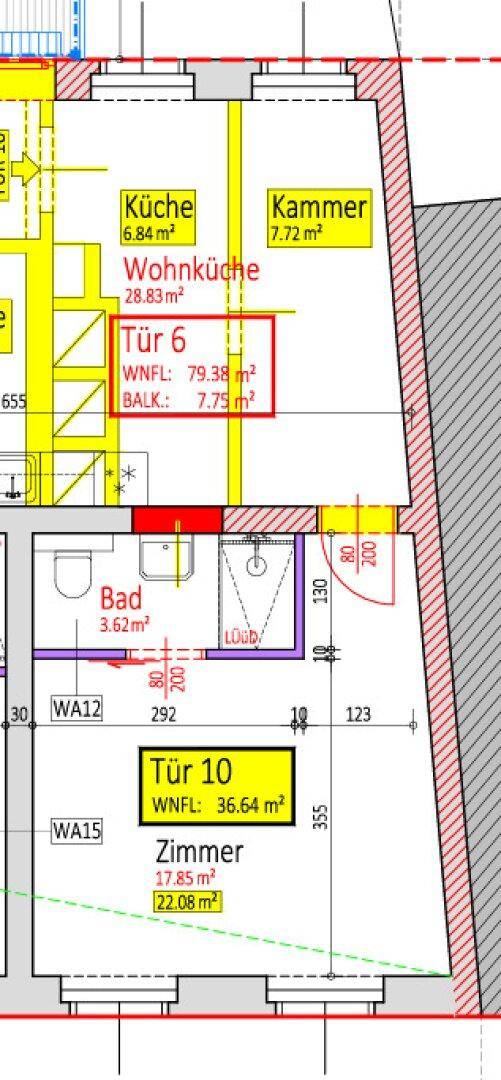 Grundrissplan zeigt eine Wohnküche, ein Zimmer, ein Bad und einen Balkon.