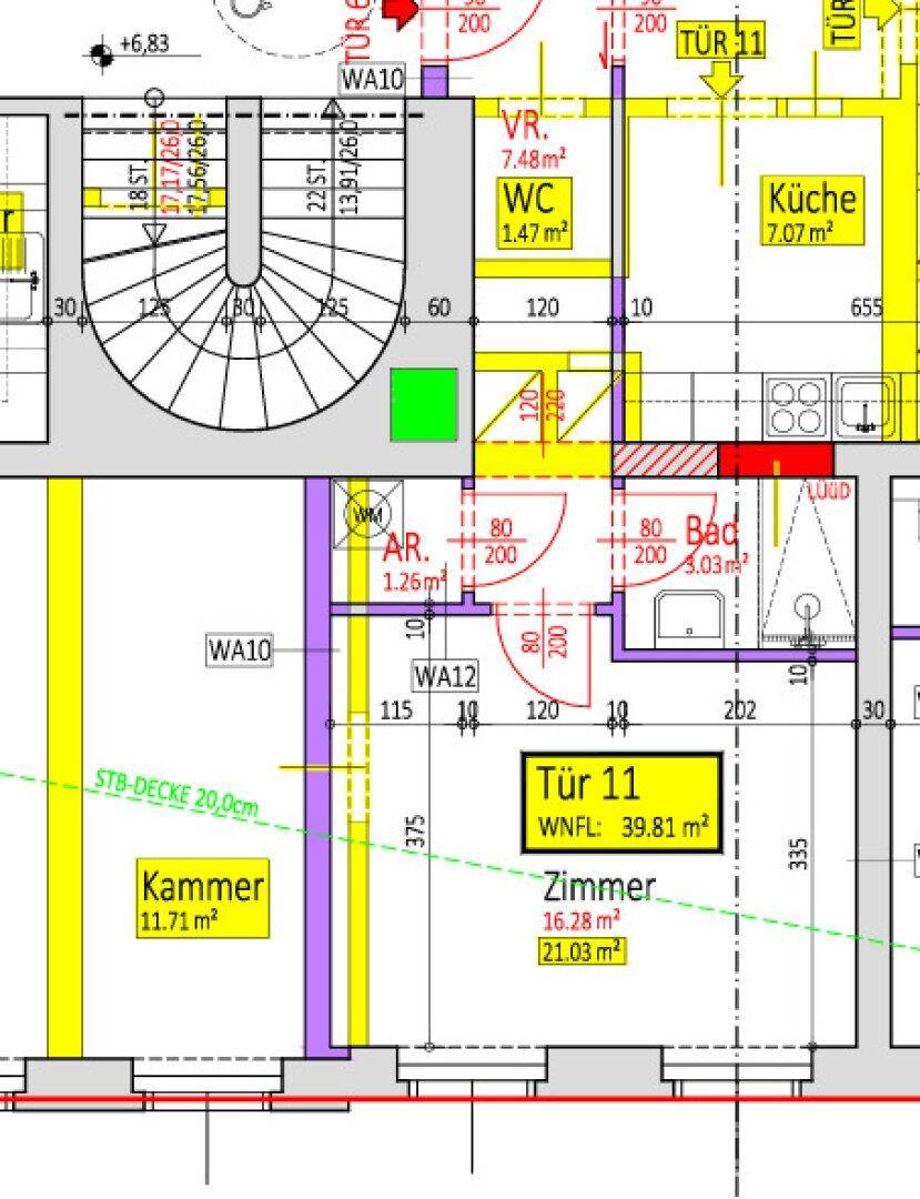 Grundrissplan einer Wohnung mit Küche, Bad, WC und Zimmern, inklusive Treppenhaus.