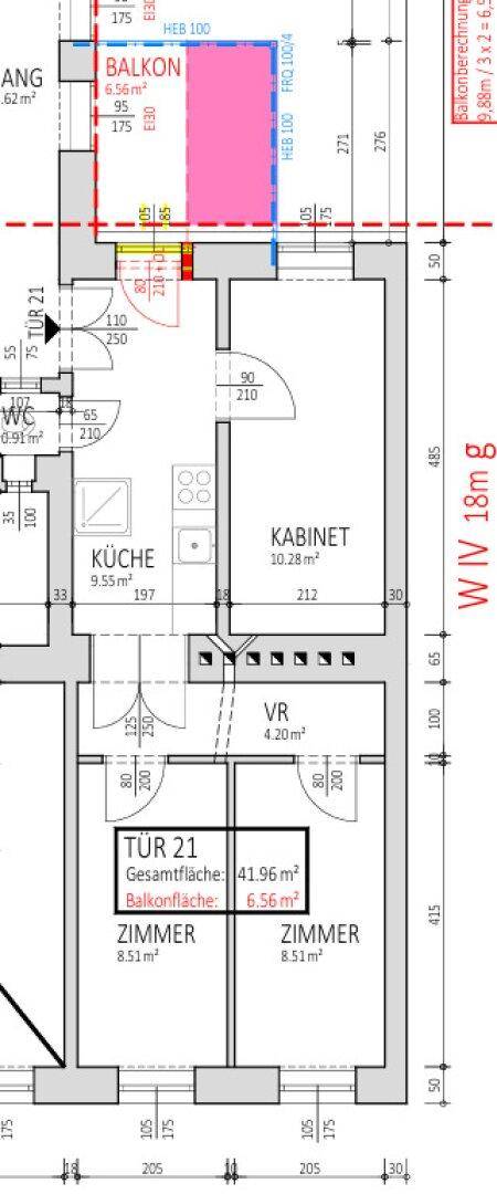 Detaillierter Grundriss einer Wohnung mit Küche, Zimmern und Balkon.