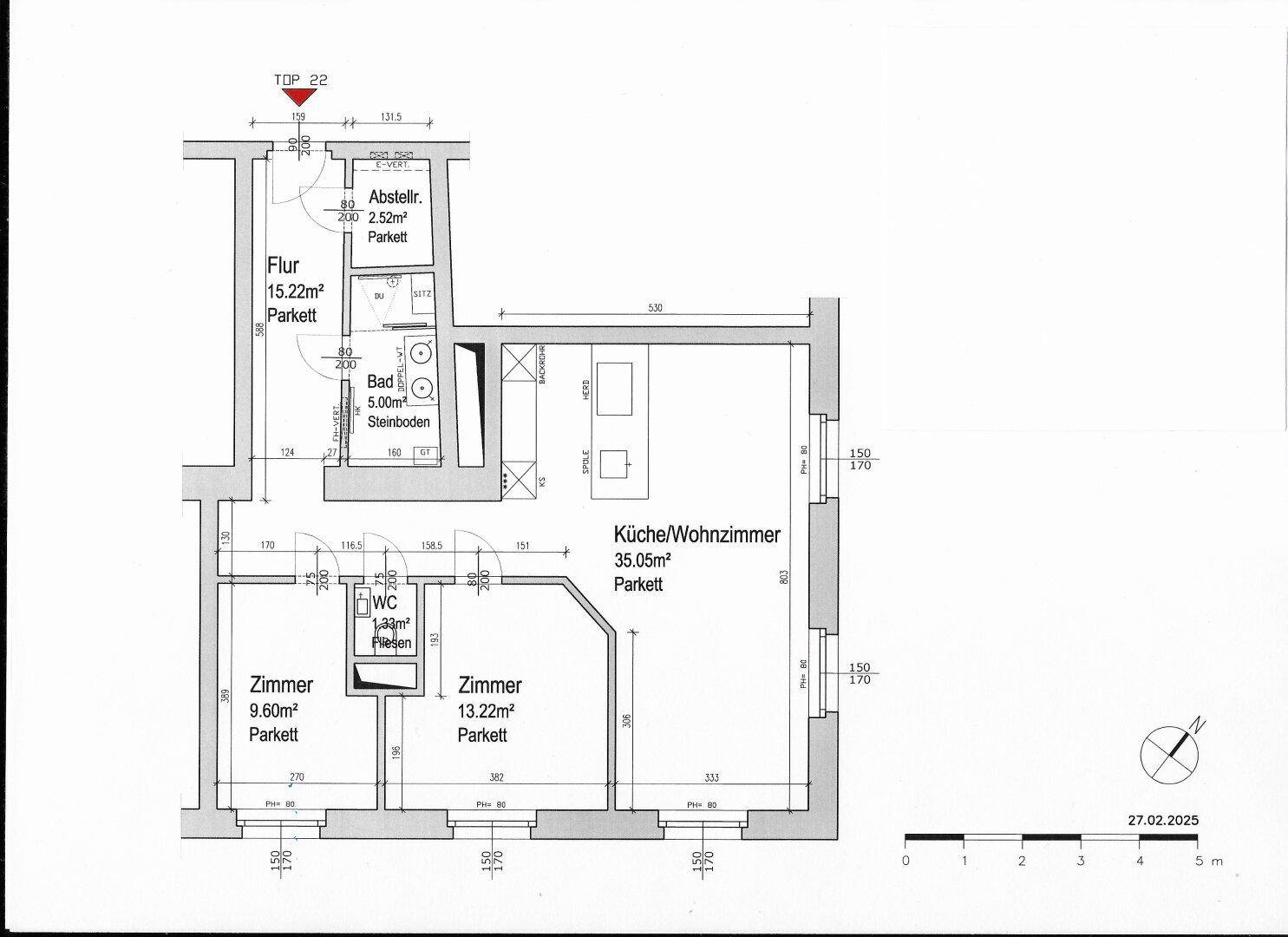 Grundriss einer Wohnung mit drei Zimmern, offener Küche und Bad, datiert 27.02.2025.
