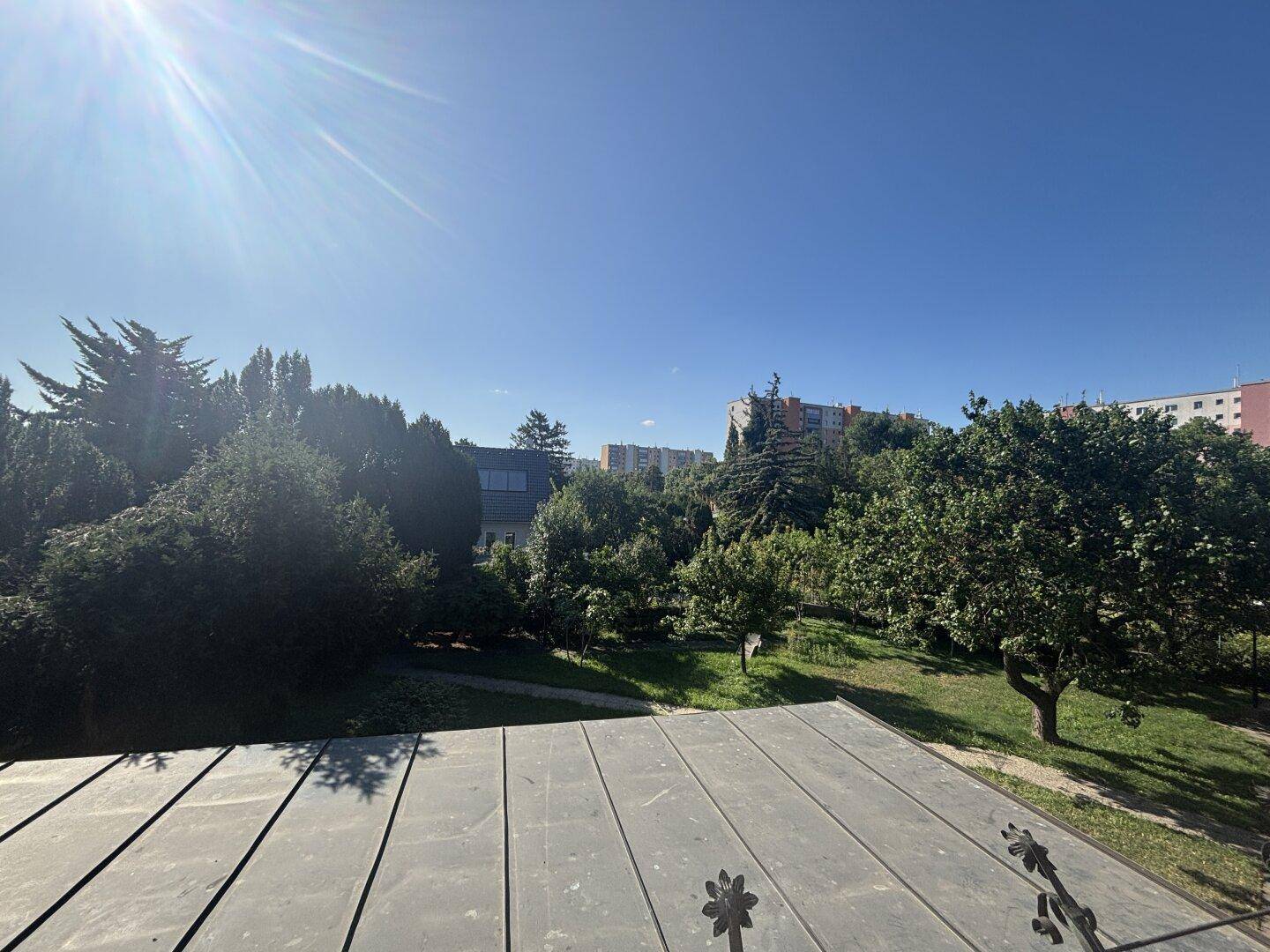 Weitläufiger Blick von einem Balkon auf grüne Bäume, Gärten und die umliegende Bebauung.