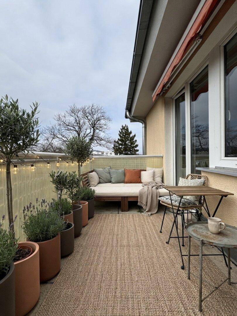Gemütlicher Balkon mit bequemen Sitzgelegenheiten, vielen Pflanzen und Blick ins Grüne.