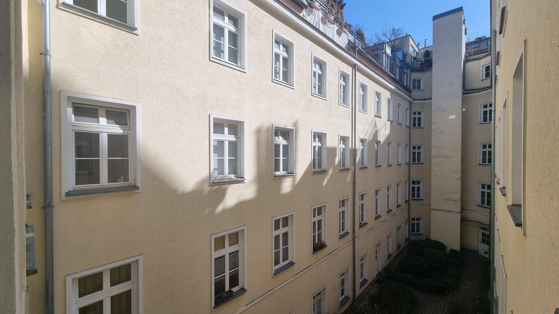 Blick auf einen sonnigen Innenhof mit mehreren Fenstern und einem kleinen Gartenbereich.