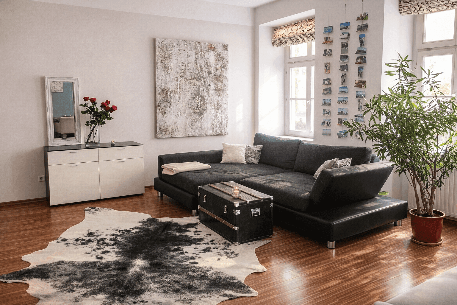 Gemütliches Wohnzimmer mit großem Ecksofa, Holzboden und dekorativem Kuhfellteppich.