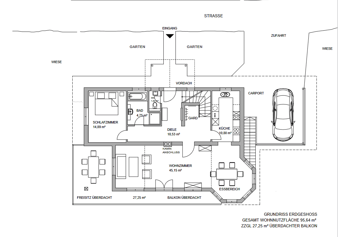 Grundriss des Erdgeschosses mit Schlafzimmer, Bad, Wohnzimmer, Essbereich und Carport.