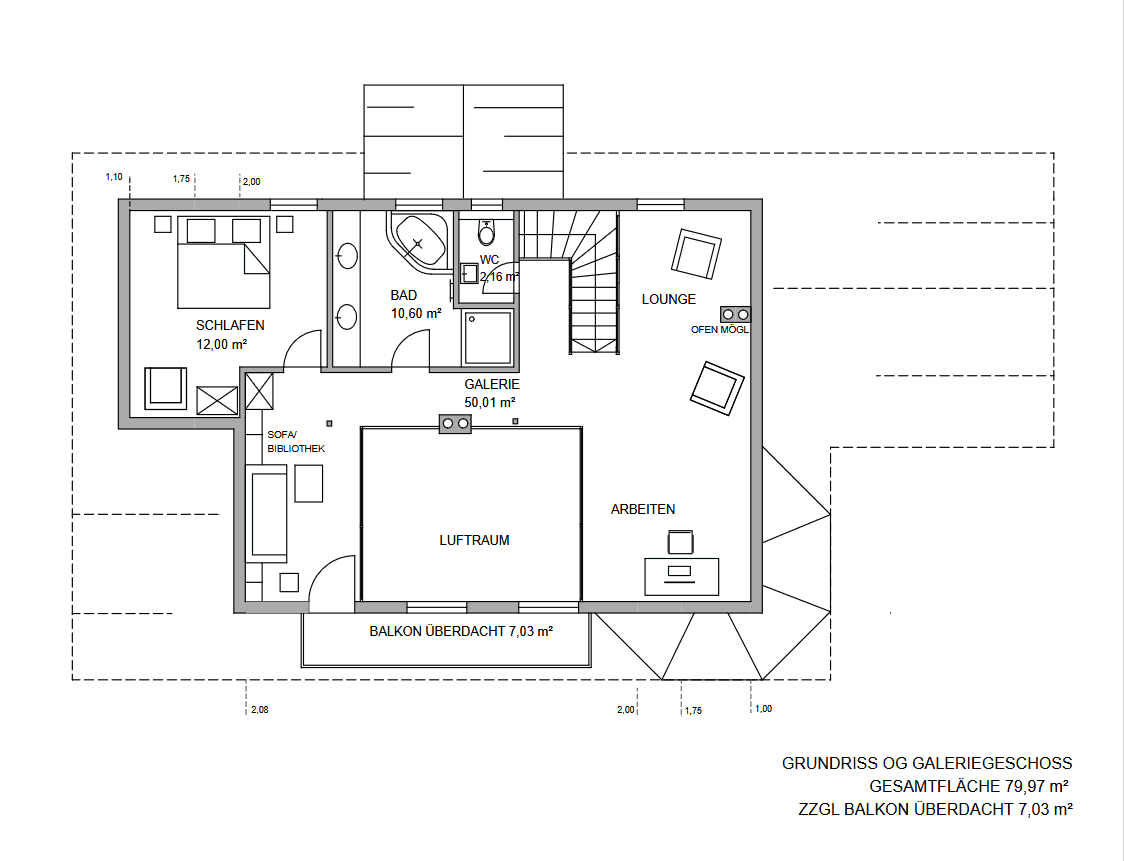 Grundriss des Obergeschosses mit Schlafzimmer, Bad, Galerie, Arbeitsbereich und Balkon.