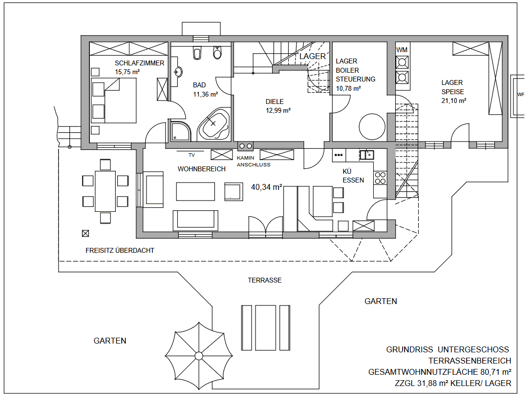 Grundriss des Untergeschosses mit Schlafzimmer, Bad, Wohnbereich und Zugang zu Terrasse und Garten.