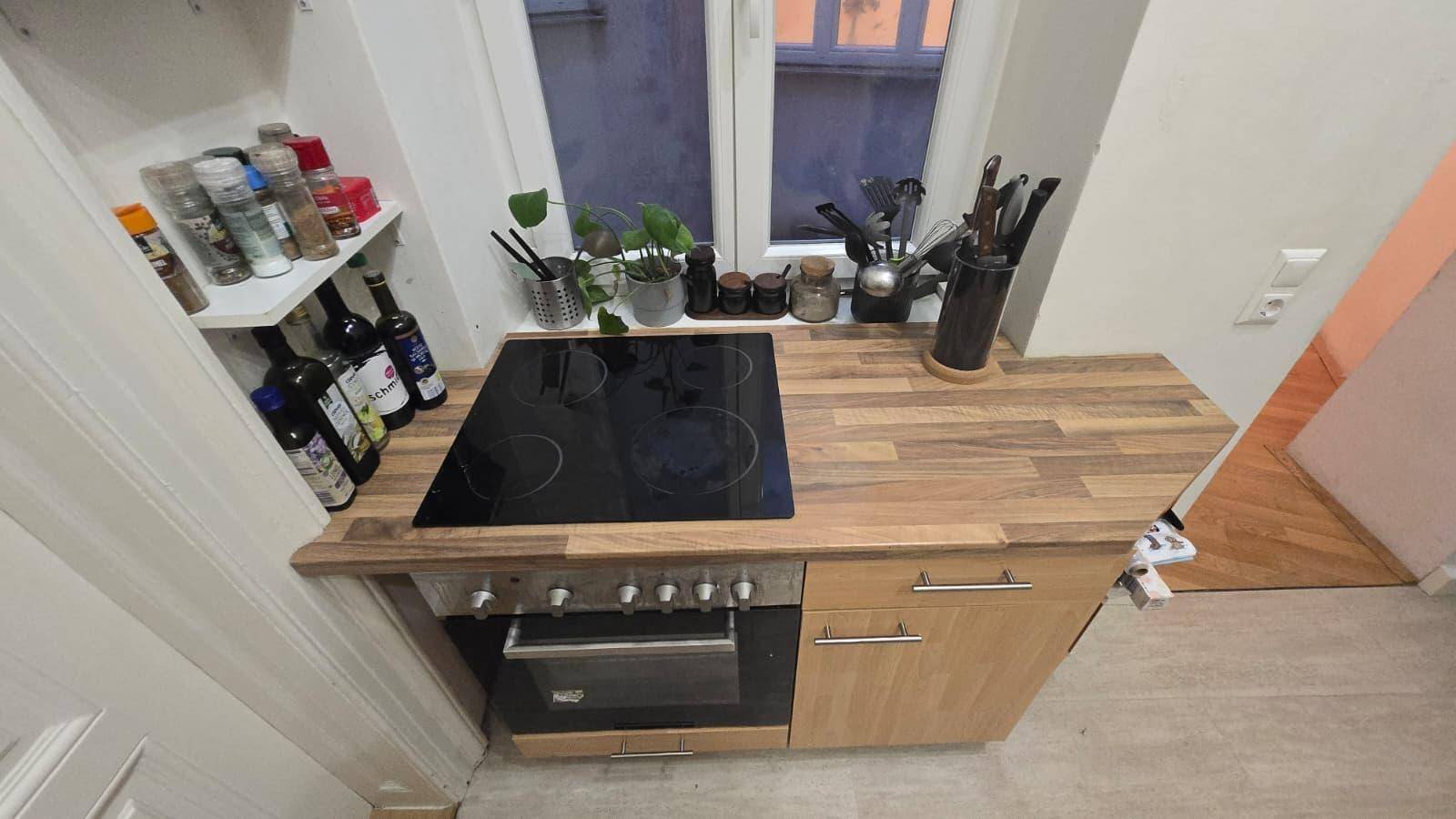 Küchenzeile mit Induktionskochfeld, Backofen und Holz-Arbeitsplatte.