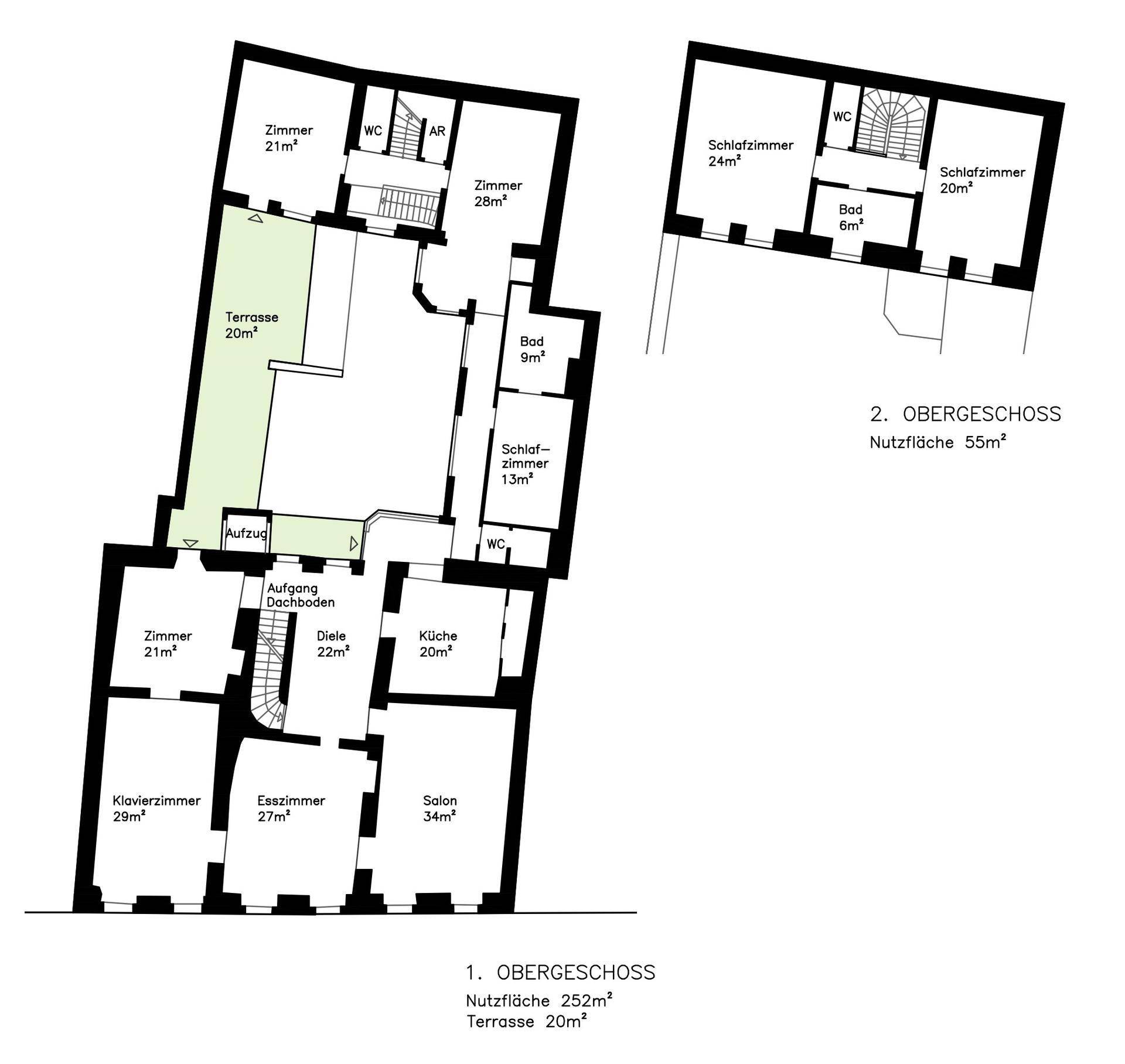 Grundriss des ersten und zweiten Obergeschosses mit Schlafzimmern, Küche und Terrasse.