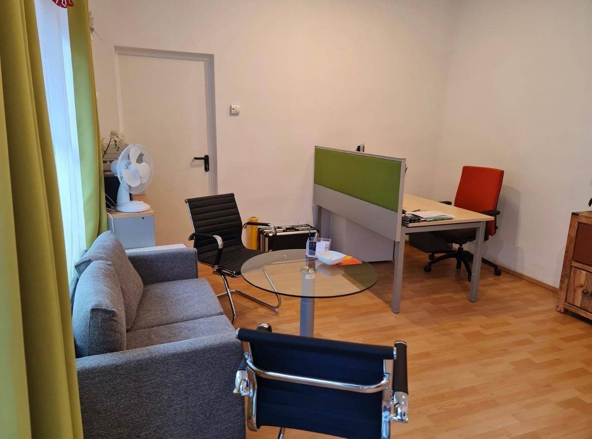 Geräumiger Wohn- und Bürobereich mit Schreibtisch, Sofa und hellem Holzboden.