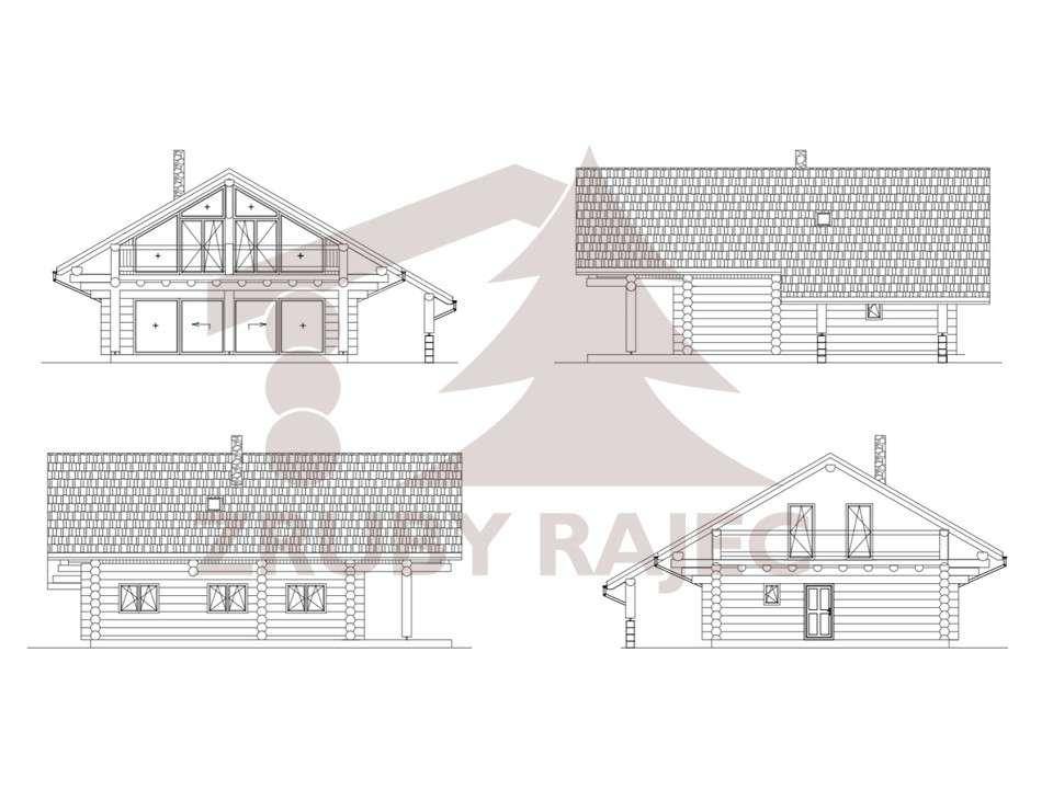 Architektonische Ansichten eines Blockhauses von verschiedenen Seiten mit Dachdetails.