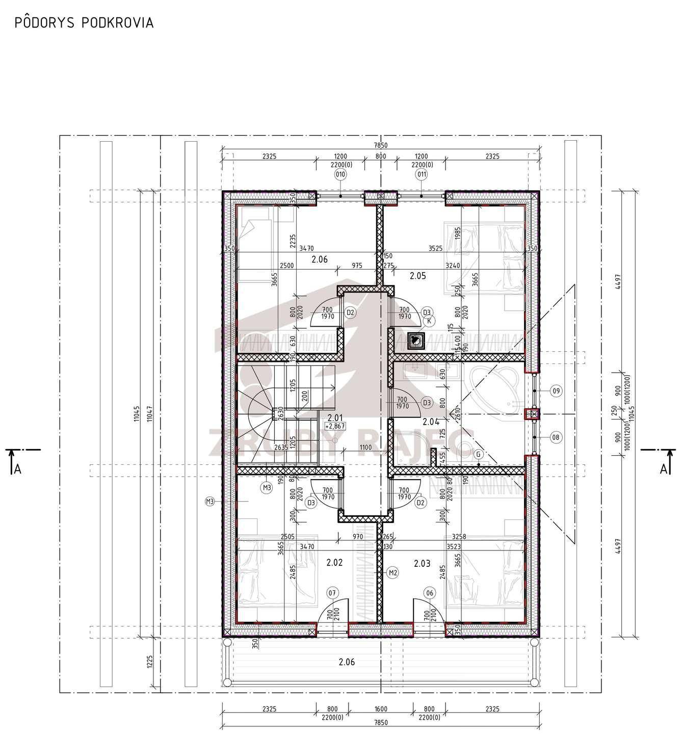 Grundriss des Obergeschosses eines Blockhauses mit Schlafzimmern und Badezimmer.