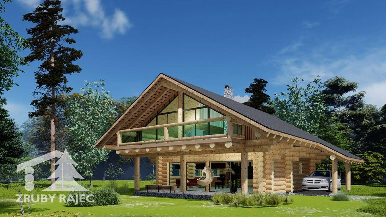 Visualisierung eines modernen Blockhauses mit großer Glasfront und Carport in grüner Umgebung.