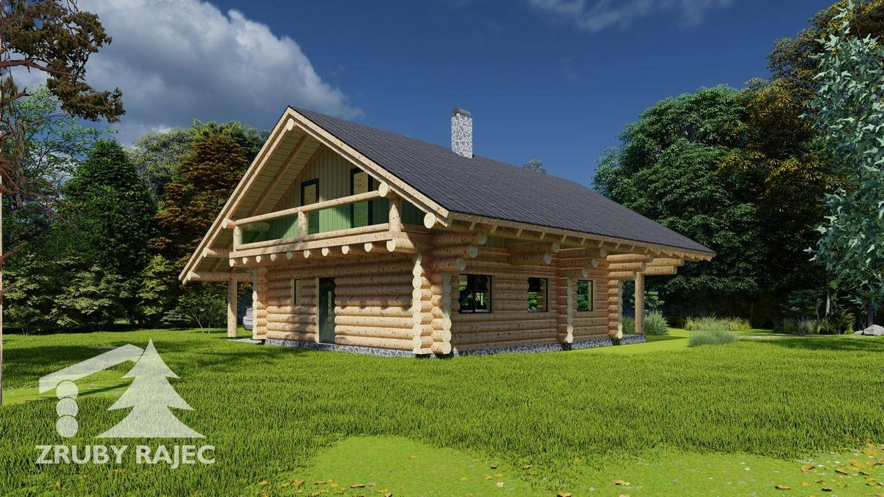 Seitenansicht eines Blockhauses mit Satteldach und Schornstein, umgeben von Natur.