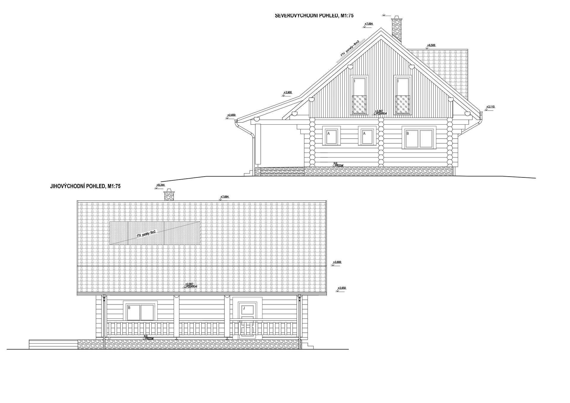 Weitere architektonische Ansichten des Blockhauses, mit verschiedenen Perspektiven der Außenwände und Fenster.