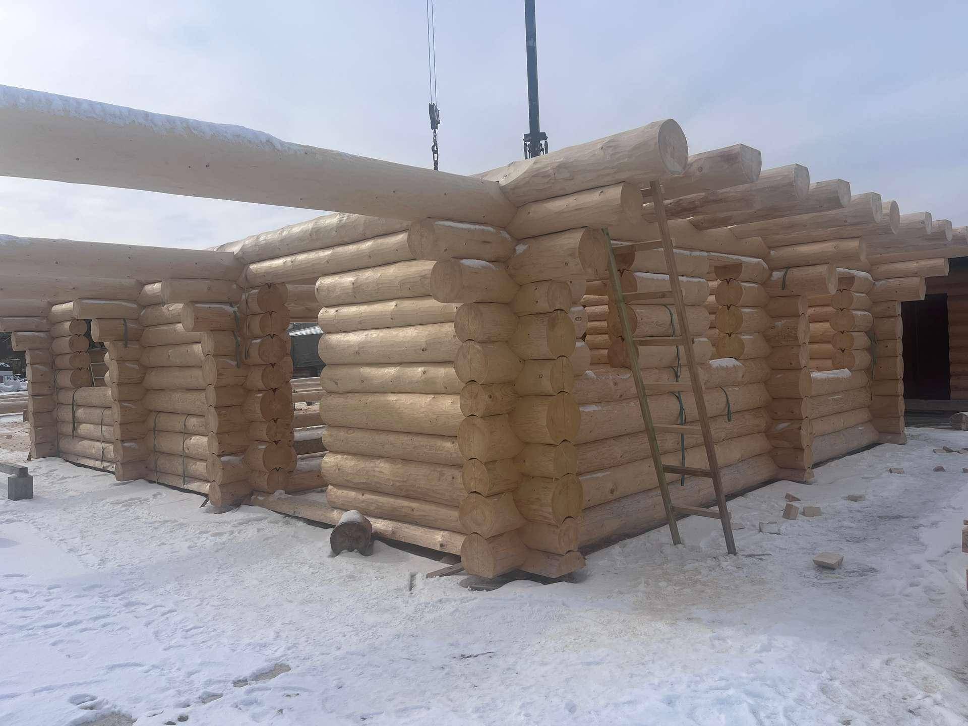 Fortschritt des Blockhausbaus im Schnee, mit gestapelten Holzstämmen und Leitern.