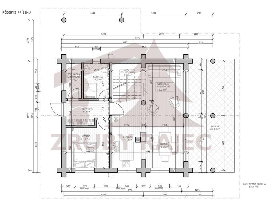 Grundriss des Erdgeschosses mit Wohnbereich, Küche, Bad und Terrasse.