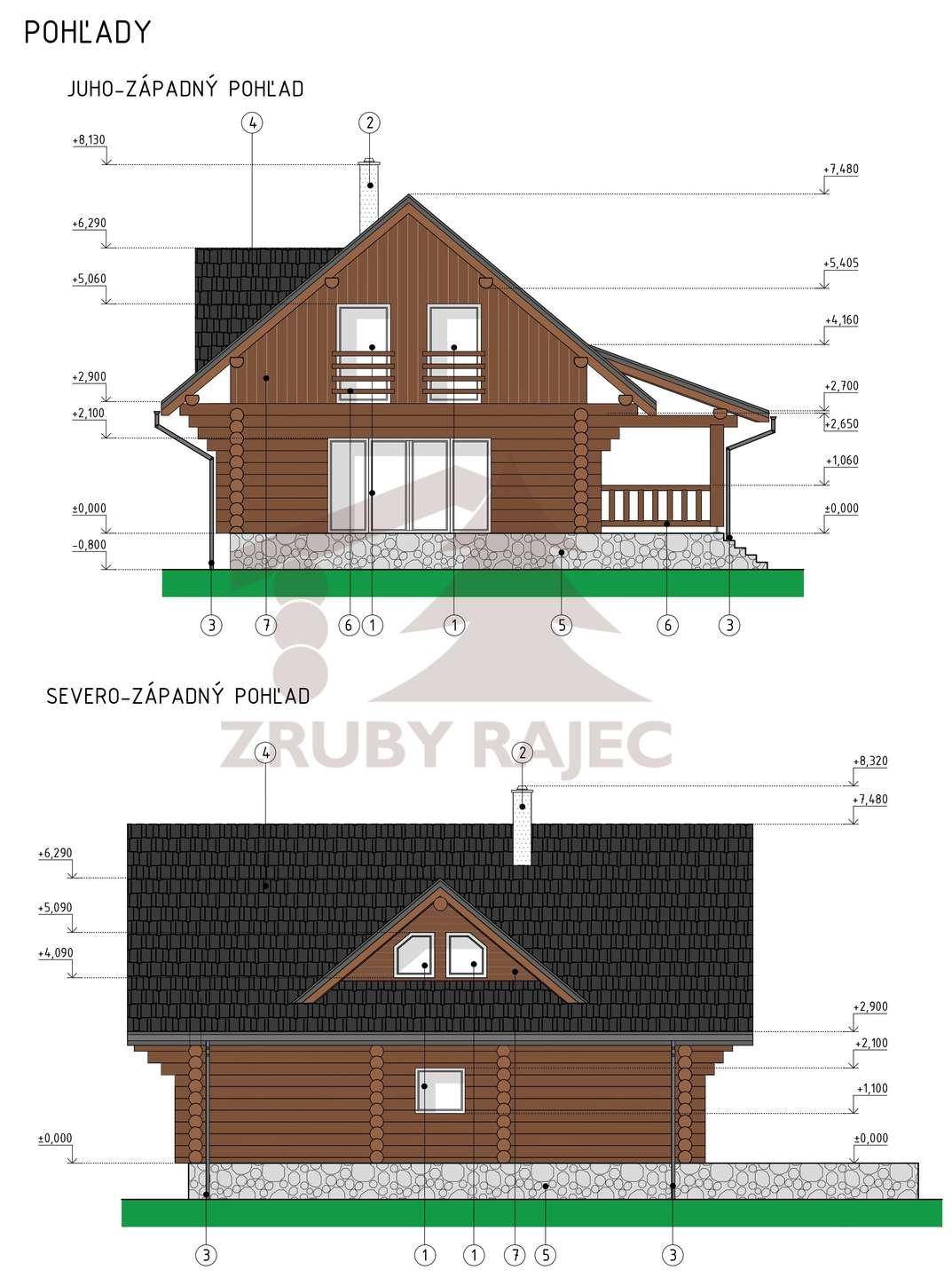 Architektonische Ansichten des Blockhauses von Südwest und Nordwest mit Dachdetails.