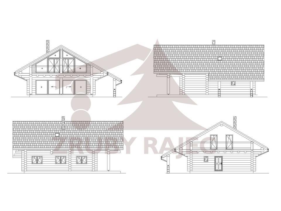 Architektonische Ansichten eines Blockhauses von verschiedenen Seiten mit Dachdetails.
