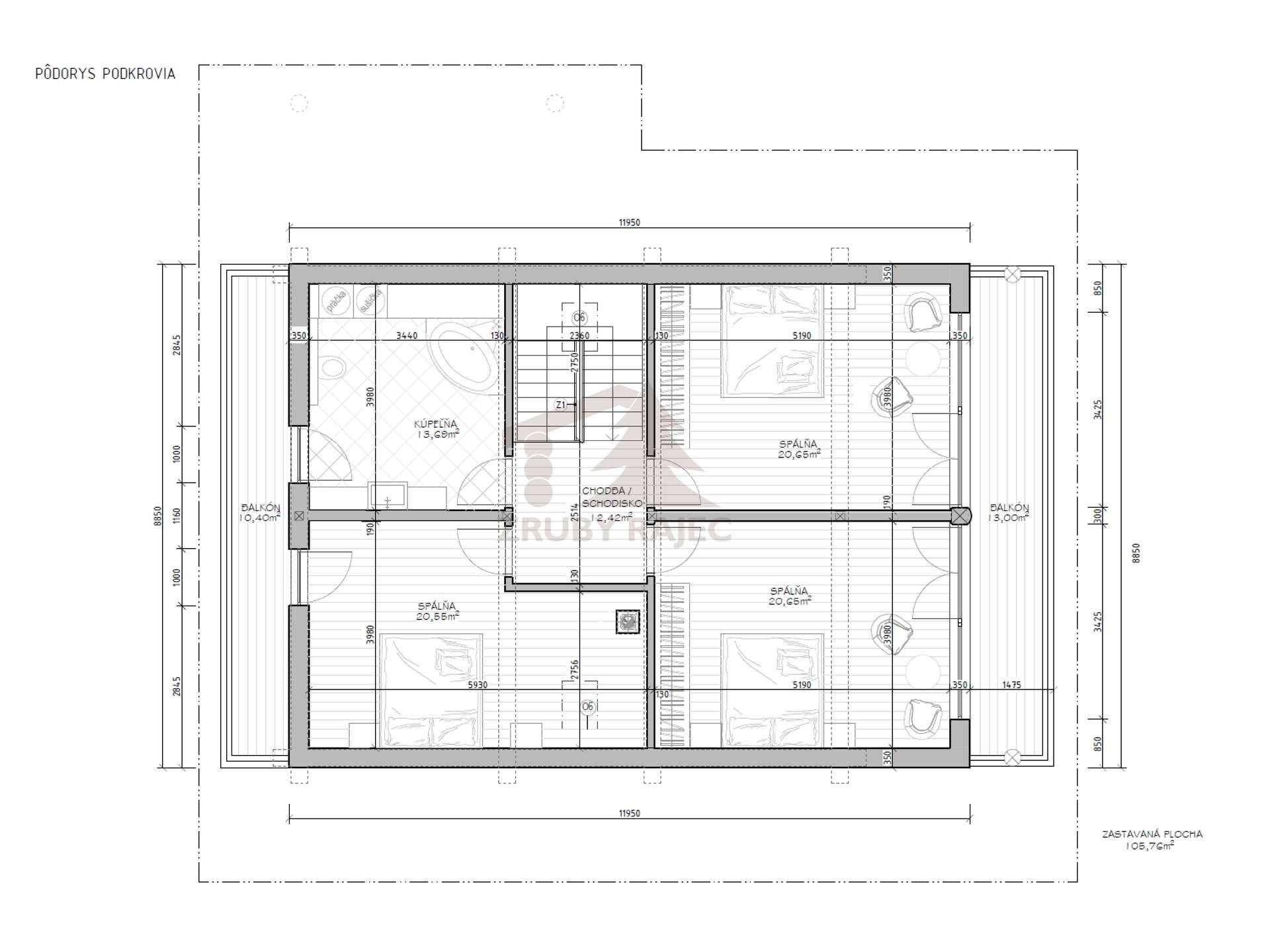 Grundriss des Dachgeschosses mit drei Schlafzimmern, einem Badezimmer und Balkonzugängen.