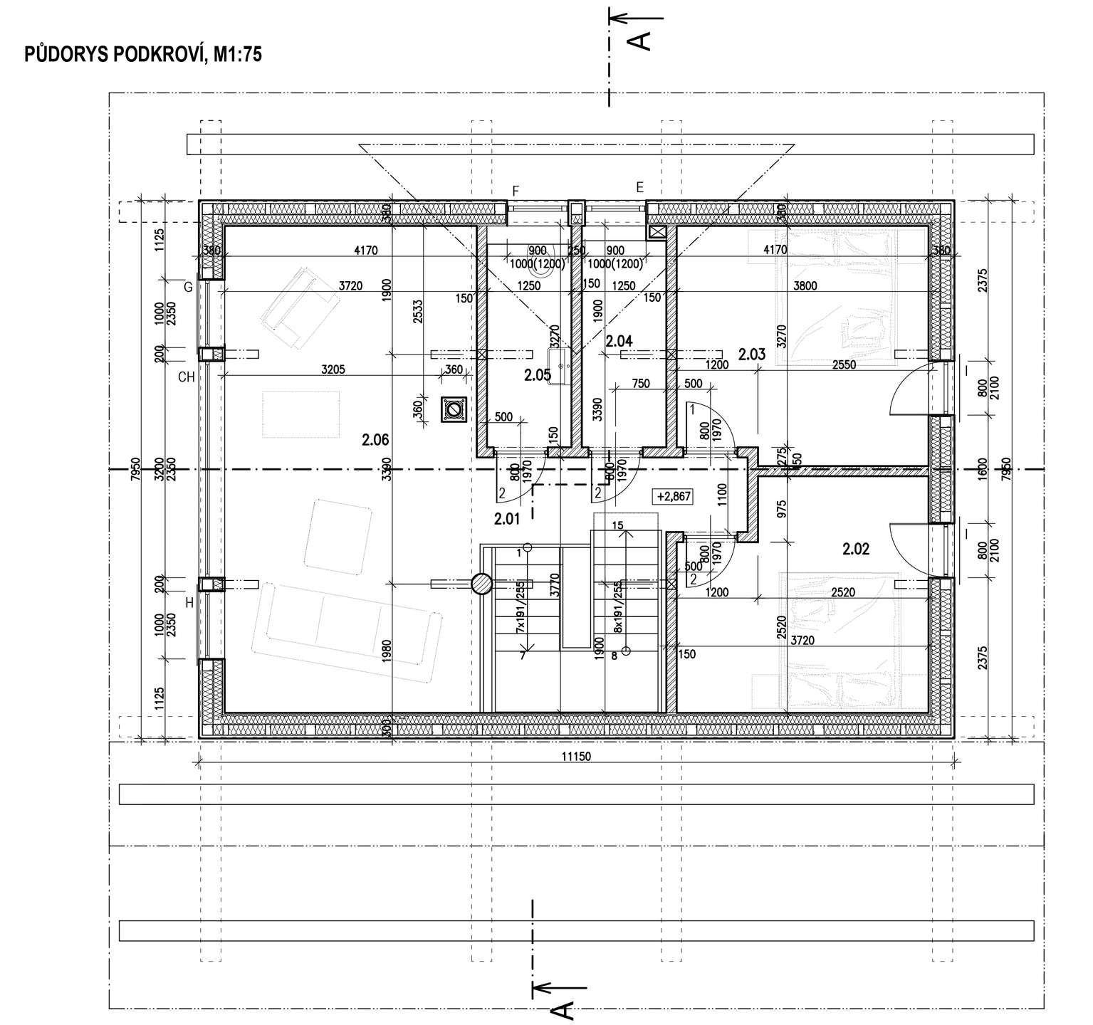 Grundriss des Dachgeschosses eines Blockhauses, mit Schlafzimmern und Badezimmern unter dem Dach.