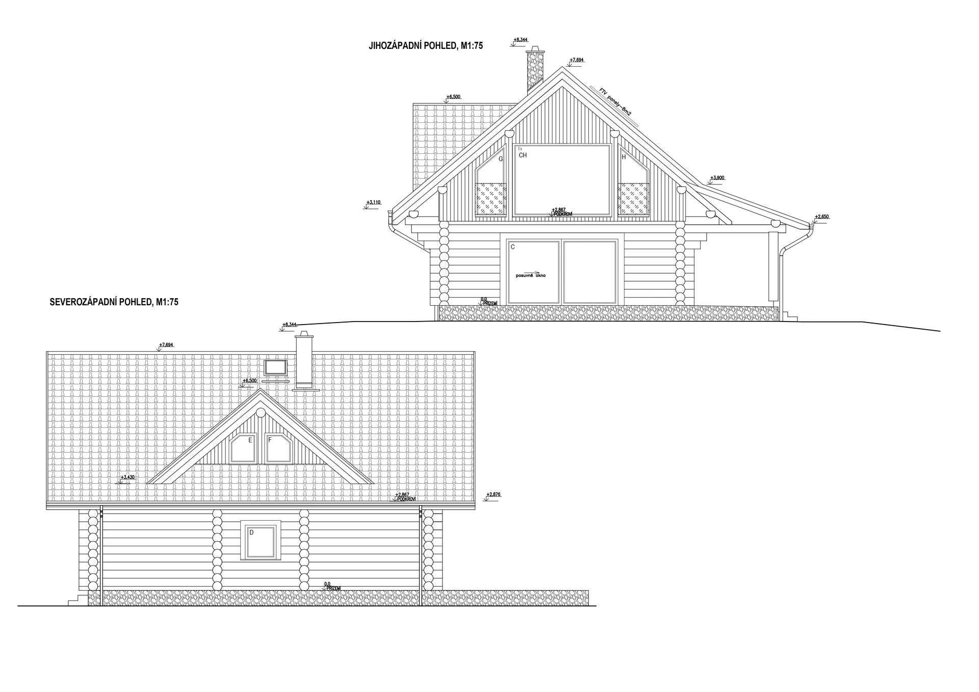 Architektonische Ansichten eines Blockhauses, die die Fassadengestaltung und Dachform detailliert darstellen.
