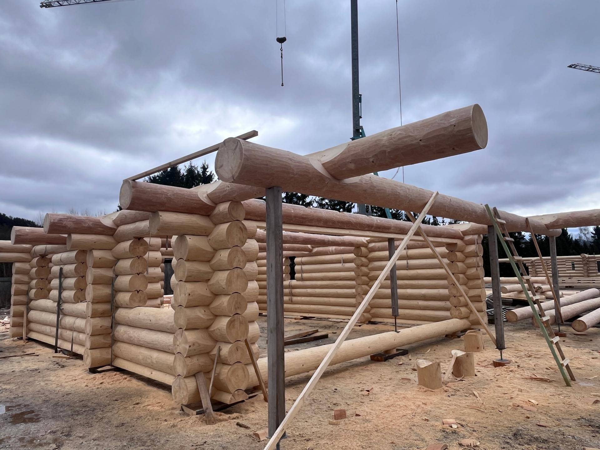 Fortschritt des Blockhausbaus mit sichtbaren Holzstämmen und temporären Stützen auf der Baustelle.