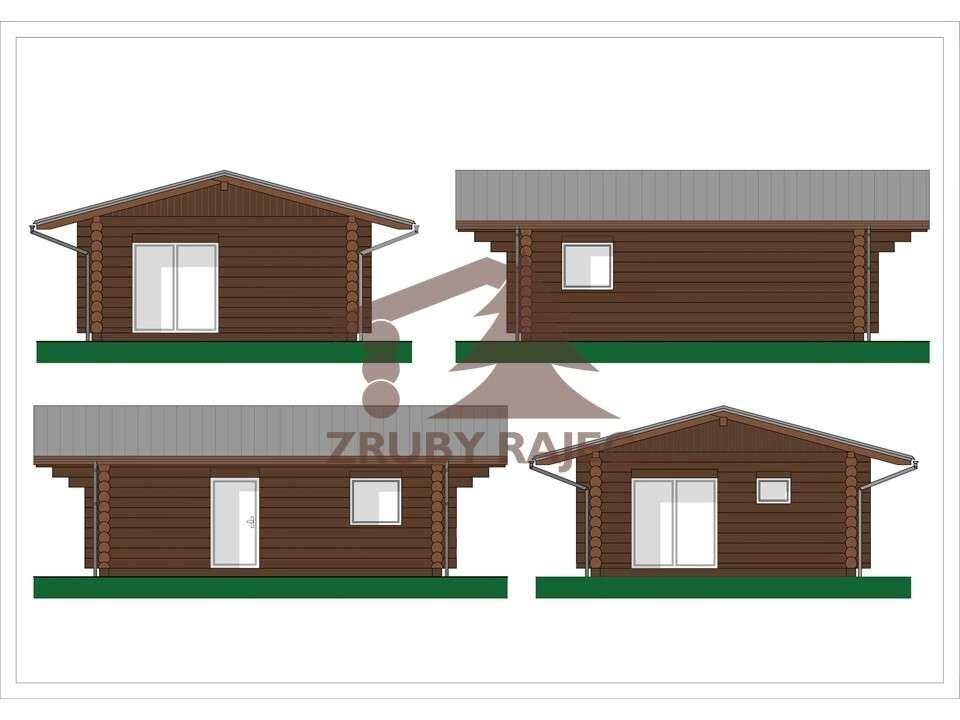 Architektonische Ansichten eines Holzhauses mit Satteldach und großen Fenstern.