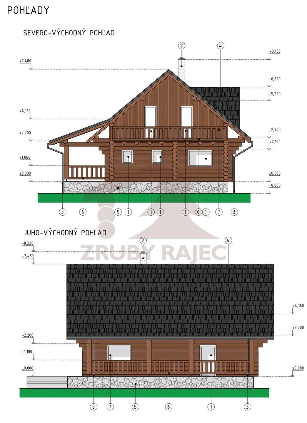 Architektonische Ansichten des Blockhauses von Nordost und Südost mit Balkon und Veranda.