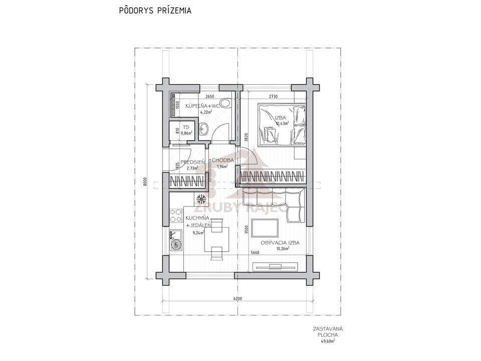 Grundriss des Erdgeschosses mit offenem Wohnbereich, Küche, Schlafzimmer und Bad.