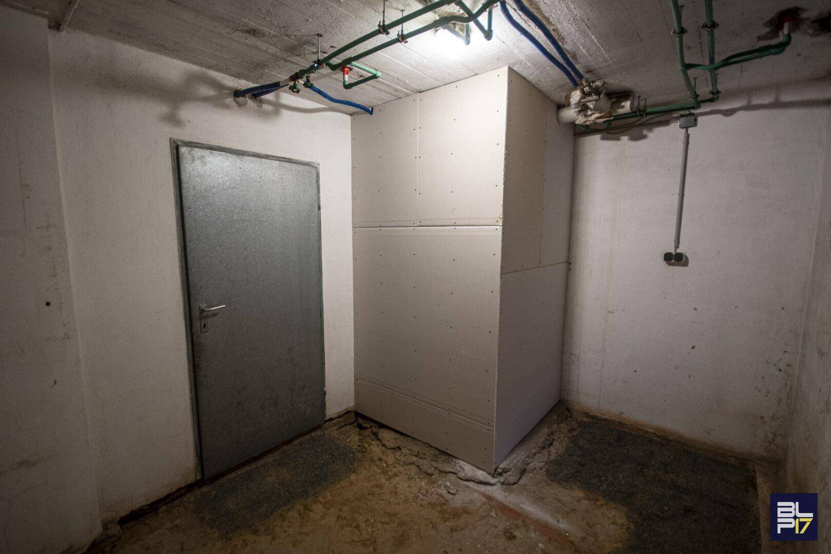Kellerraum mit sichtbaren Rohren an der Decke und einer Stahltür, ideal als Technikraum.