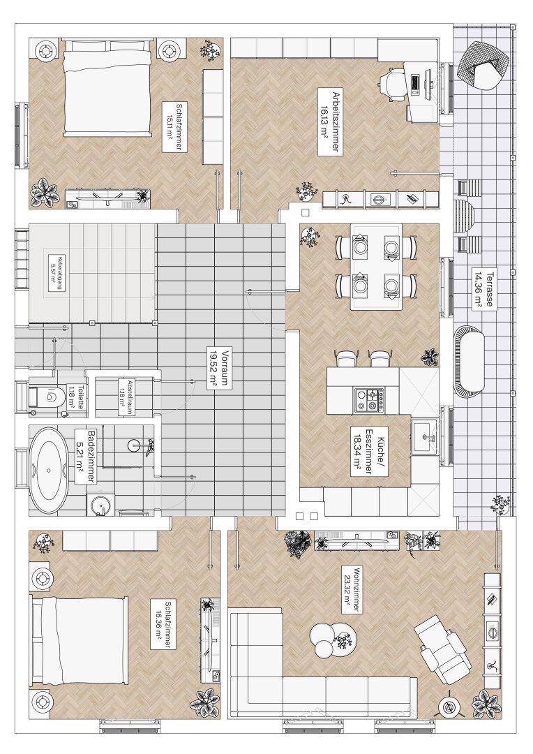 Detaillierter Grundriss einer Wohnung mit drei Schlafzimmern, offener Küche und großer Terrasse.