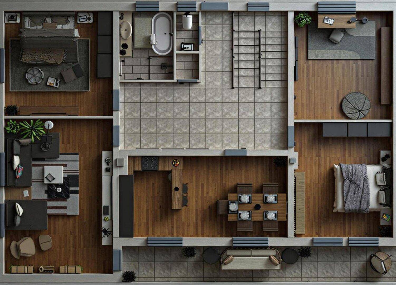 Detaillierter Grundriss einer Wohnung mit mehreren Zimmern, Bad und Küche.