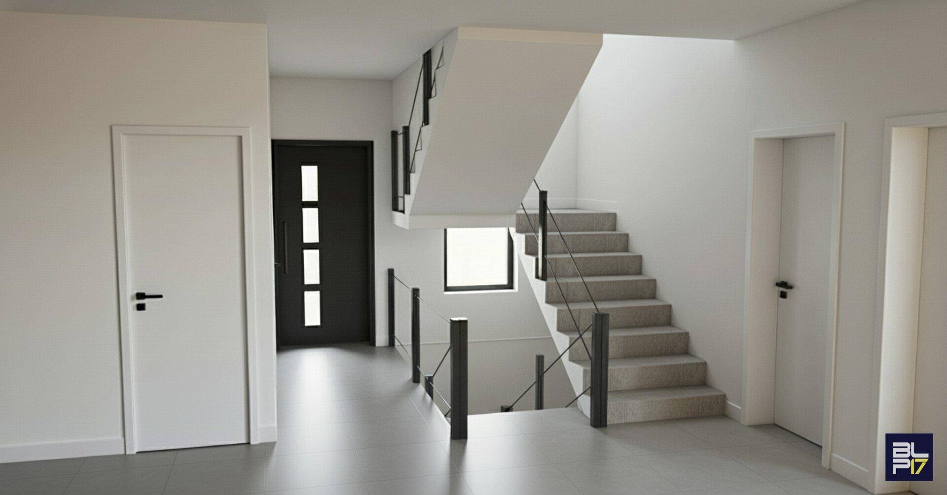 Modern gestalteter Flur mit eleganter Treppe und hellem Fliesenboden.