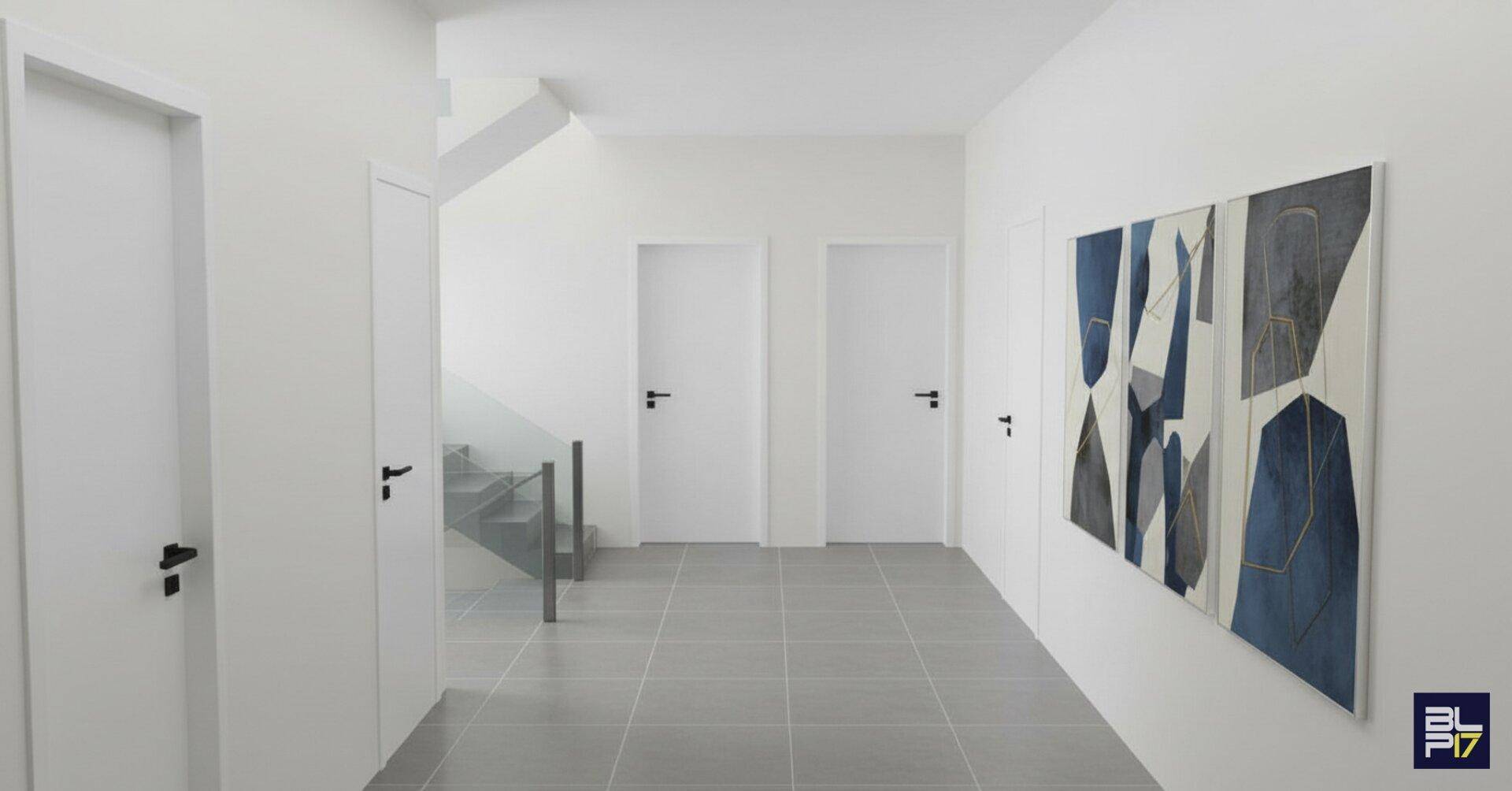 Heller, modern gestalteter Flur mit Kunstwerk und stilvollen Türen.