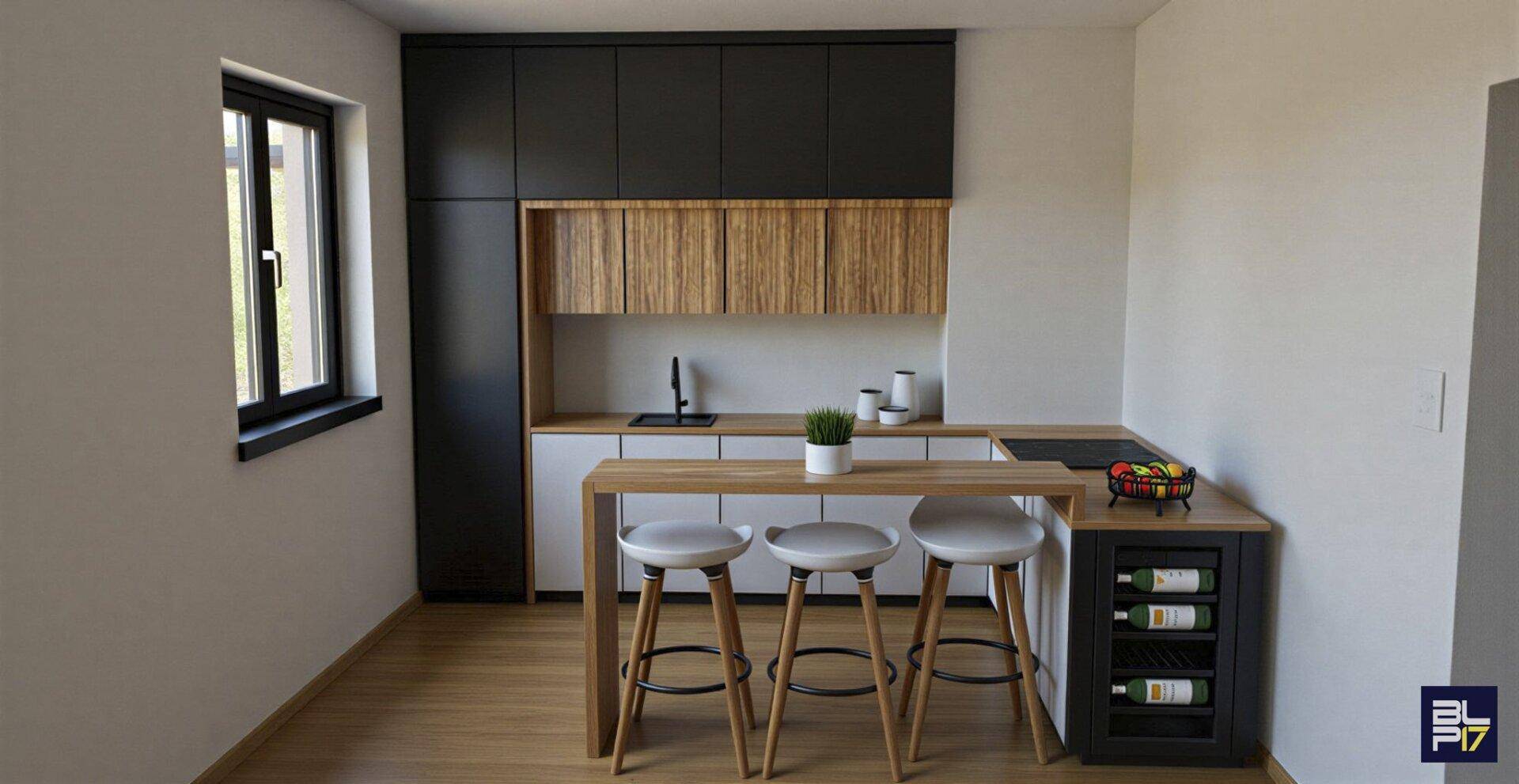 Moderne Küche mit Holz- und Schwarzakzenten, Kücheninsel und integriertem Weinkühler.