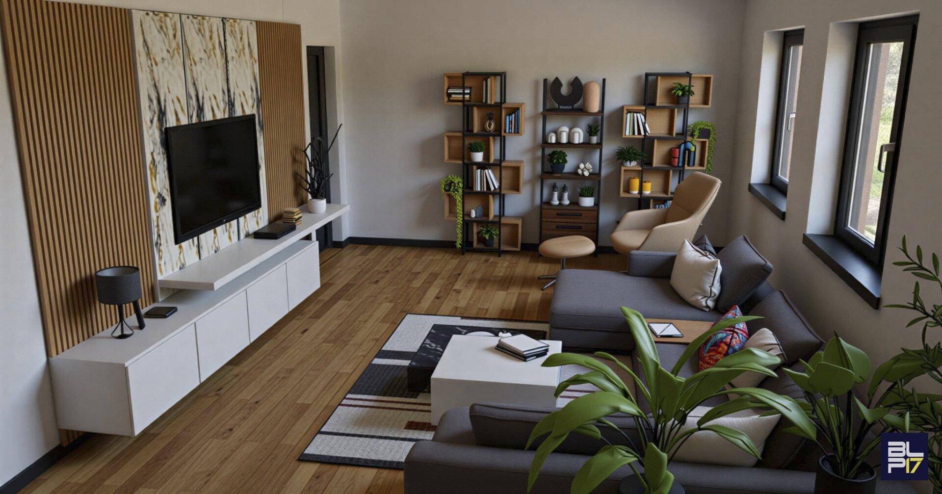 Modernes Wohnzimmer mit Holzboden, großem Sofa und stilvollen Regalen.