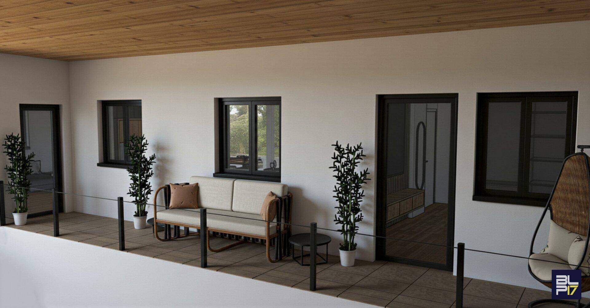 Moderner Balkon mit Sitzgelegenheiten und Pflanzen, ideal zum Entspannen im Freien.
