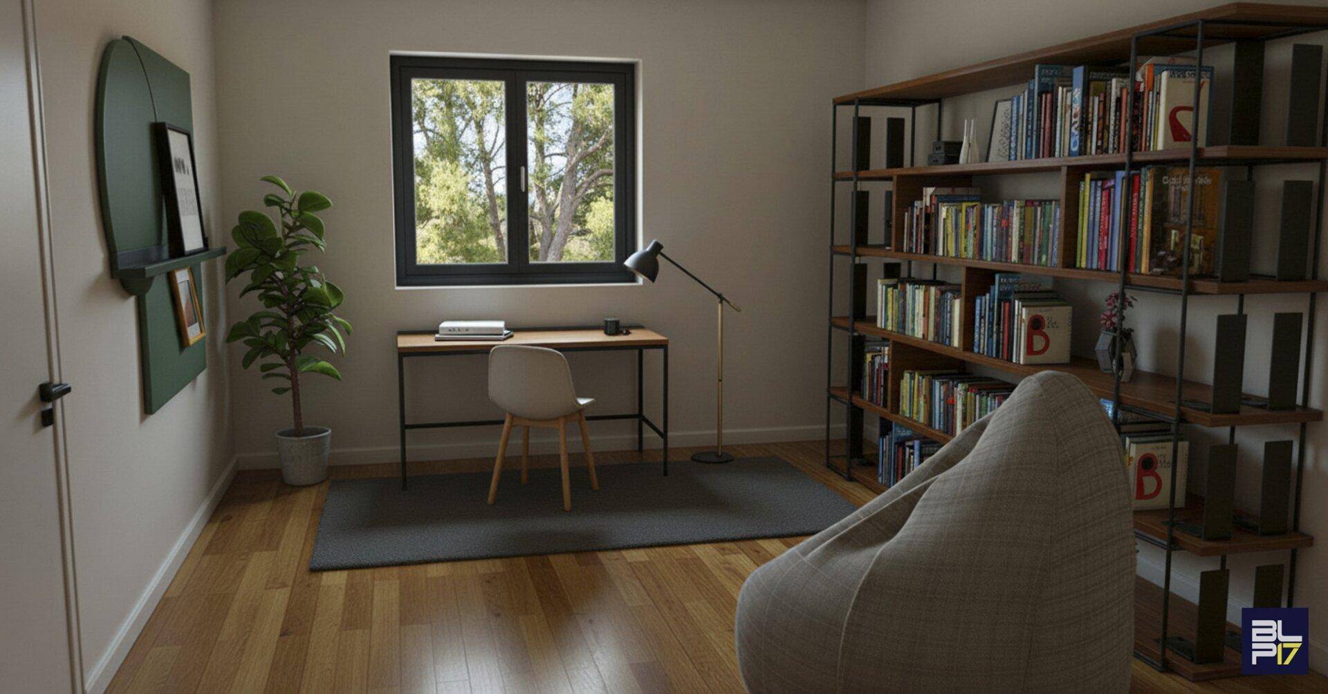 Helles Arbeitszimmer mit Holzboden, Schreibtisch und Bücherregal, ideal für Home-Office.