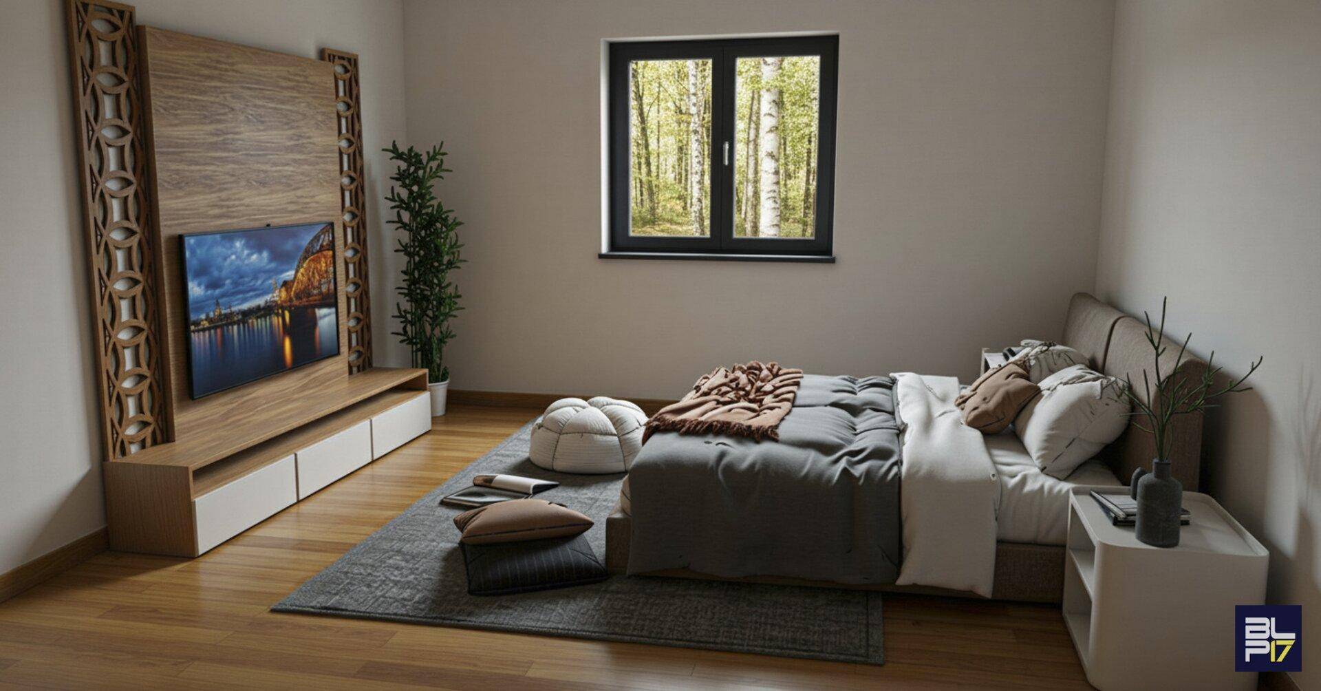 Modernes Schlafzimmer mit Holzboden, TV-Wand und Blick ins Grüne durch das Fenster.